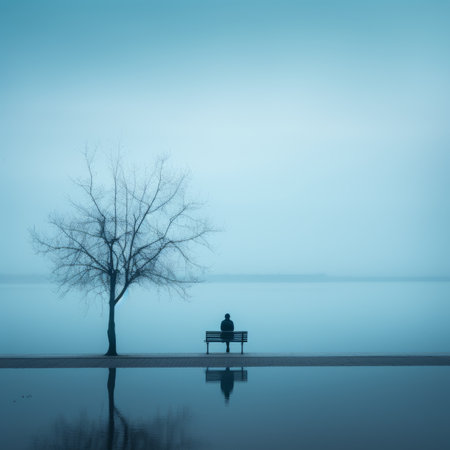 a lone person sitting on a bench by the waterの素材