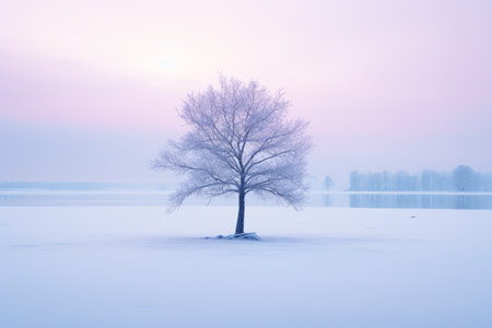 a lone tree stands in the middle of a snowy fieldの素材