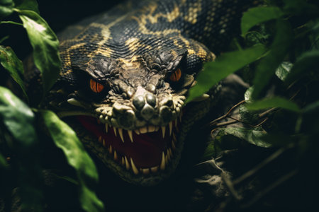 a large snake with its mouth open in the jungleの素材