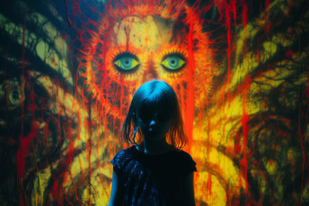 a little girl standing in front of a paintingの素材