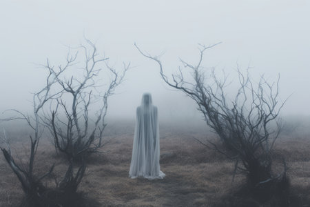 a ghostly figure standing in the middle of a foggy fieldの素材