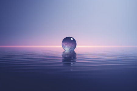 a glass ball floating in the water at sunsetの素材