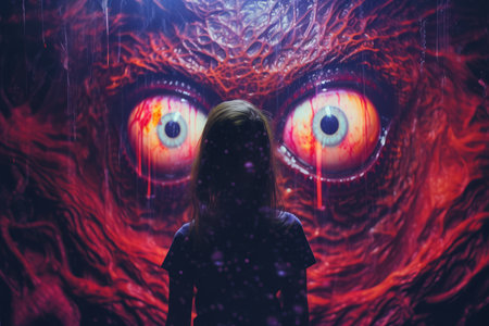 a little girl standing in front of an image of a monsterの素材