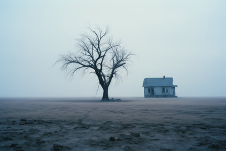 a lone tree and a house in the middle of a foggy fieldの素材