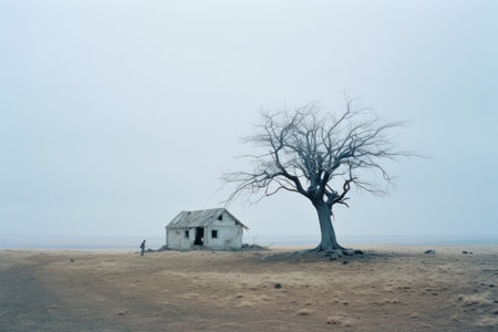 a lone tree and an abandoned house in the middle of nowhereの素材