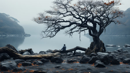 a lone person sitting under a tree by the waterの素材