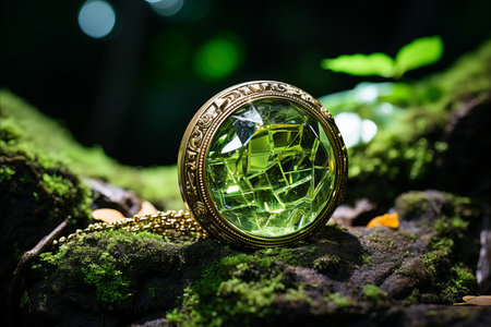 a green stone pendant sitting on top of a moss covered rockの素材