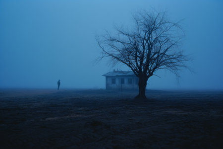 a lone man stands in front of a house in the fogの素材