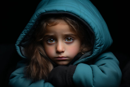 a little girl wearing a blue jacket and looking into the cameraの素材