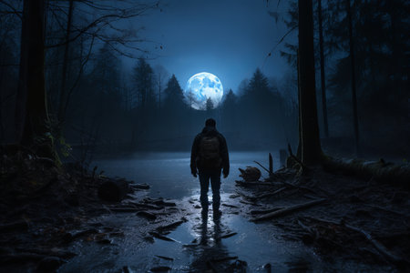 a man standing in front of a full moon in the woodsの素材