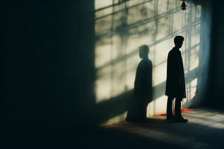 a man standing in front of a window in an empty roomの素材
