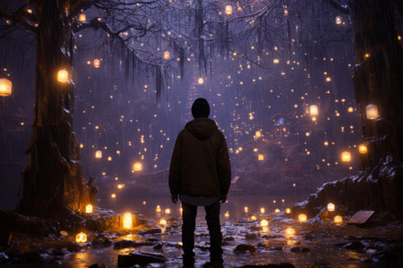 a man standing in the middle of a forest at night with lanternsの素材