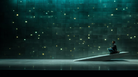 a man sitting on a bench in front of a wall of lightsの素材