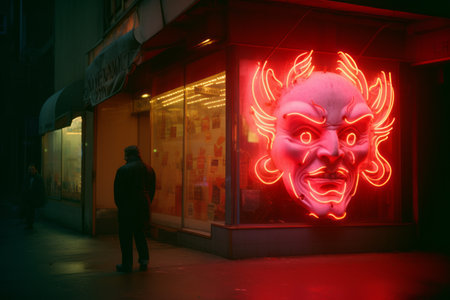 a man standing in front of a store with a neon sign on itの素材