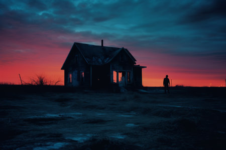 a man stands in front of an abandoned house at sunsetの素材