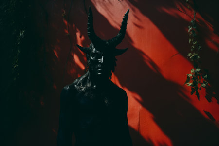 a man with horns standing in front of a red wallの素材