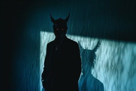 a man with horns standing in front of a wallの素材