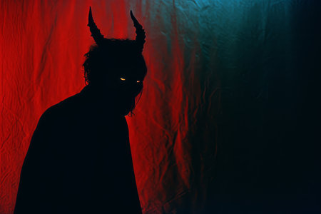 a man with horns standing in front of a red curtainの素材