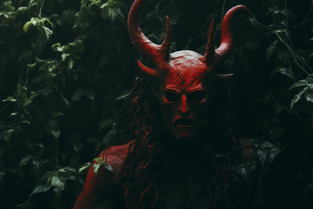a man with horns and a red mask in the woodsの素材