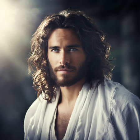 a man with long curly hair and a white robeの素材