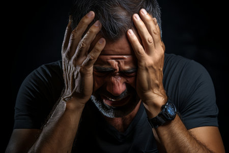 a man with his hands on his head in front of a black backgroundの素材