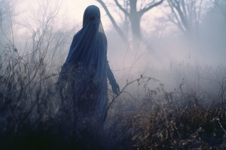 a person in a ghost costume is walking through a foggy fieldの素材