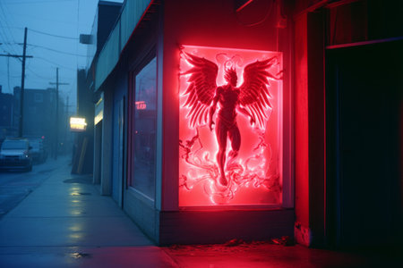 a neon sign with an angel on it in front of a buildingの素材