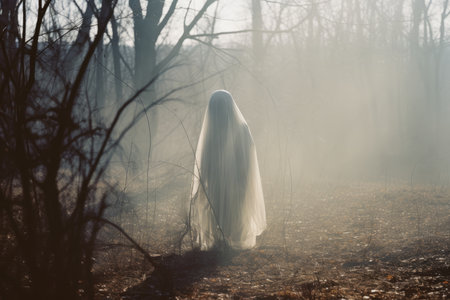 a person in a ghostly white dress standing in the middle of a foggy forestの素材