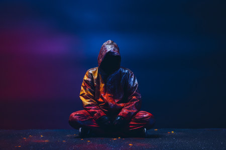 a person in a hooded jacket sitting on the groundの素材