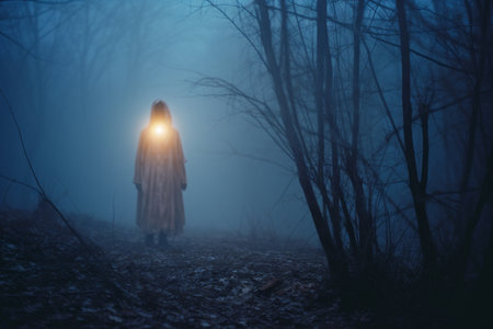 a person in a long cloak standing in the middle of a dark forest at nightの素材