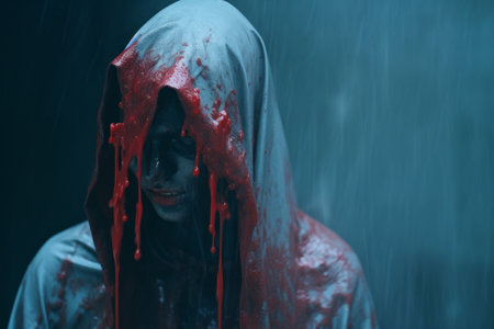 a person in a hood with blood dripping from their faceの素材
