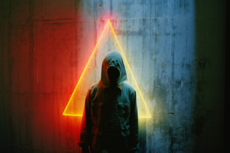 a person in a hoodie standing in front of a neon triangleの素材