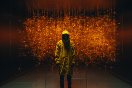 a person in a yellow raincoat standing in front of an orange glowの素材