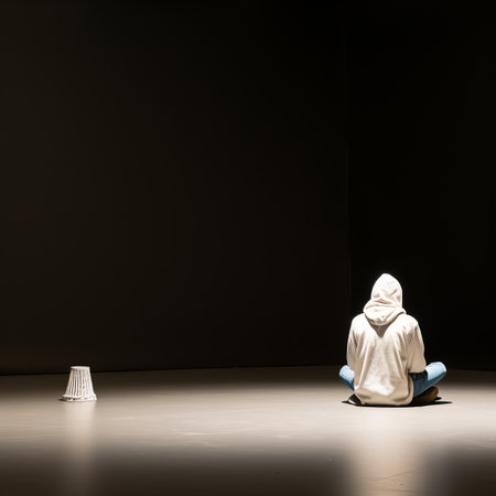 a person in a hoodie sitting on the floor in an empty roomの素材