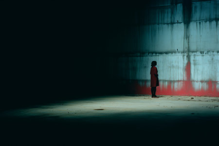 a person standing in an empty room with a red wallの素材