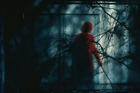 a person in a red coat standing in front of a doorの素材