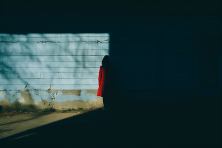 a person in a red coat standing in front of a blue wallの素材