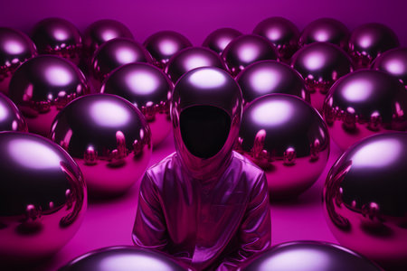 a person in a purple suit surrounded by shiny ballsの素材