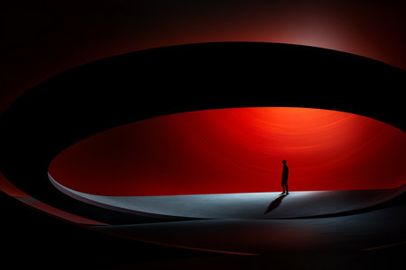a person standing in front of a curved red lightの素材