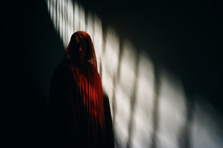 a person in a red cloak standing in front of a wallの素材