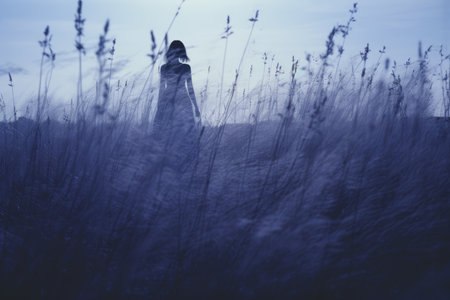 a person standing in a field of tall grassの素材