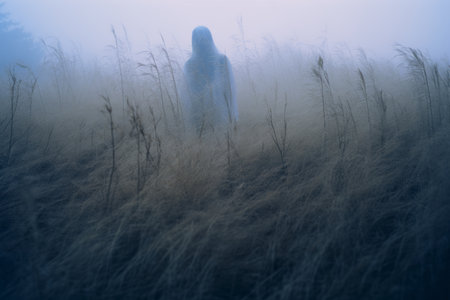 a person standing in a field of tall grassの素材