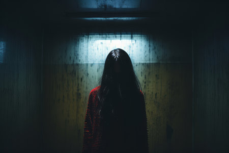 a person standing in a dark room with long hairの素材