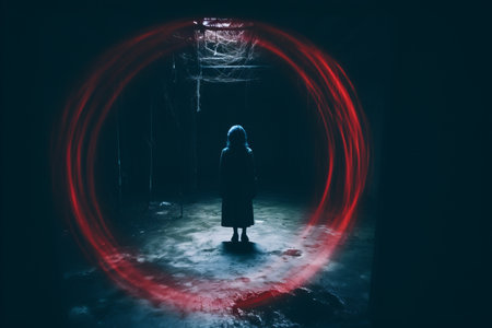 a person standing in a dark room with red lightの素材