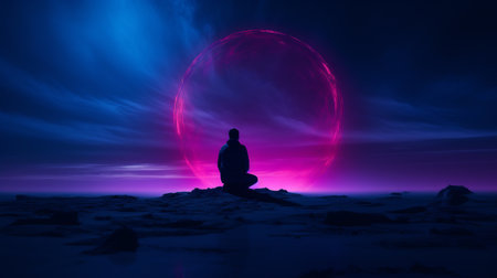 a person sitting in front of a purple orbの素材