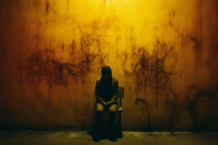 a person sitting on a chair in front of a yellow wallの素材