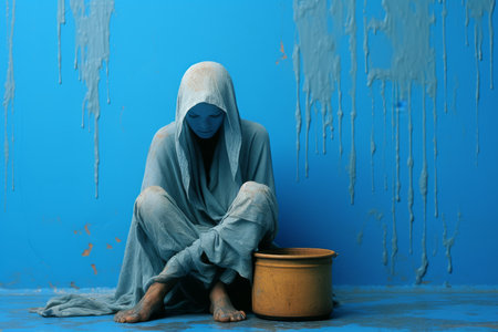 a person sitting on the floor next to a bucket of paintの素材