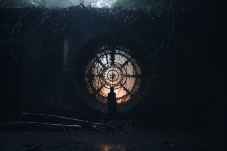 a person standing in front of a clock in the darkの素材