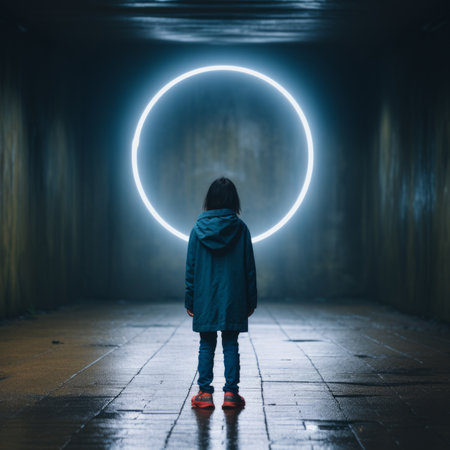 a person standing in front of a circular light in a dark tunnelの素材