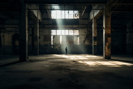 a person standing in an empty room with sunlight coming through the windowsの素材